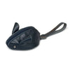 A dark leather cartoon mouse coin purse with a zipper and strap.