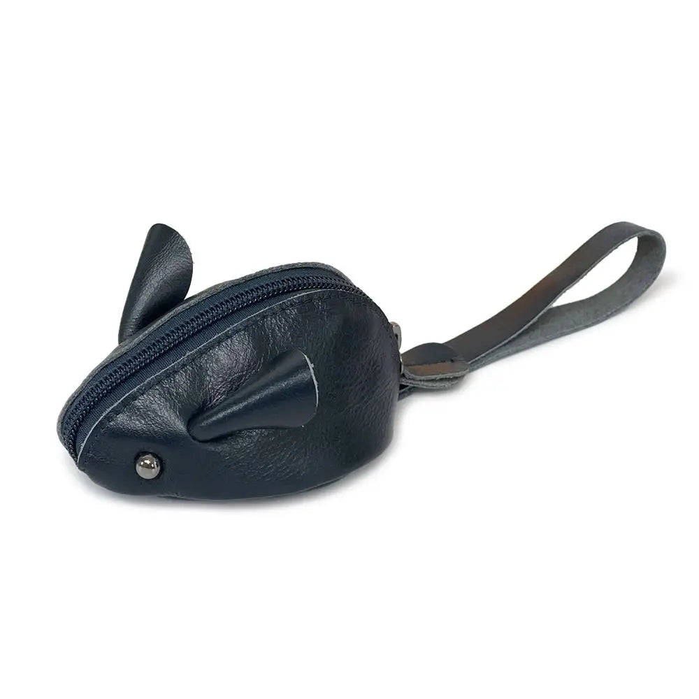 A dark leather cartoon mouse coin purse with a zipper and strap.