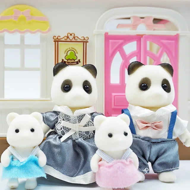 A set of forest animal miniature dolls and furniture, including a panda doll and accessories.