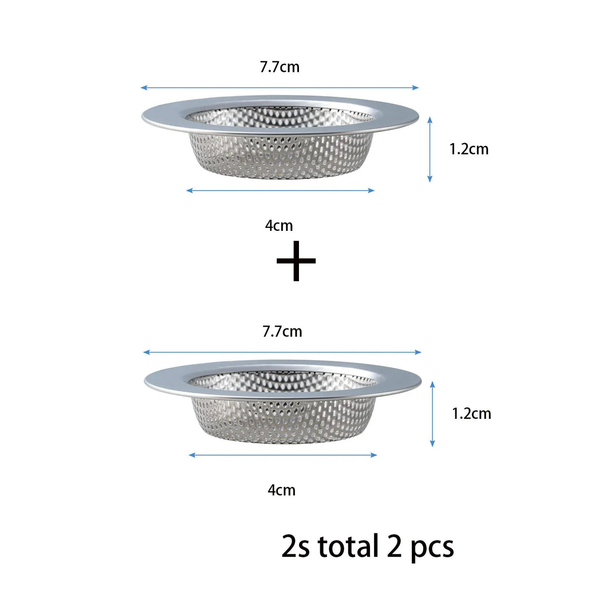 Two premium stainless steel sink drain strainers shown with dimensions 7.7cm by 4cm and a depth of 1.2cm