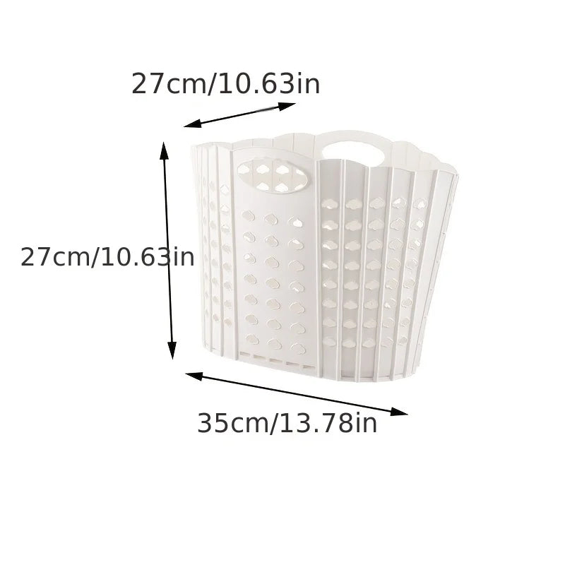 White folding laundry basket with handles, shown from the side and top view.