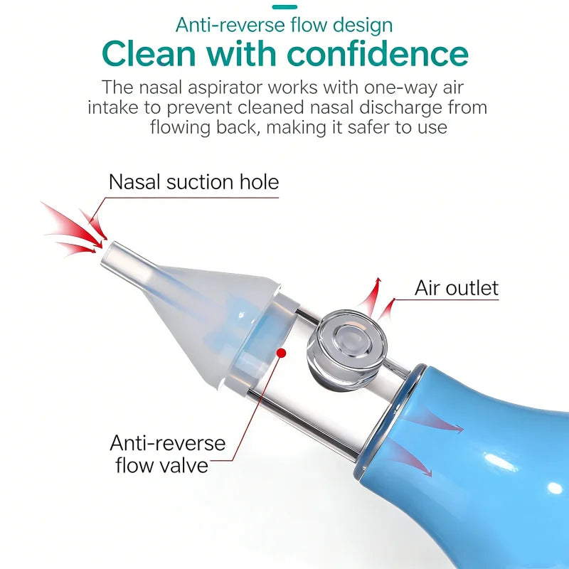 A close-up view of a blue nasal aspirator device showing the suction hole and anti-reverse flow valve mechanism.