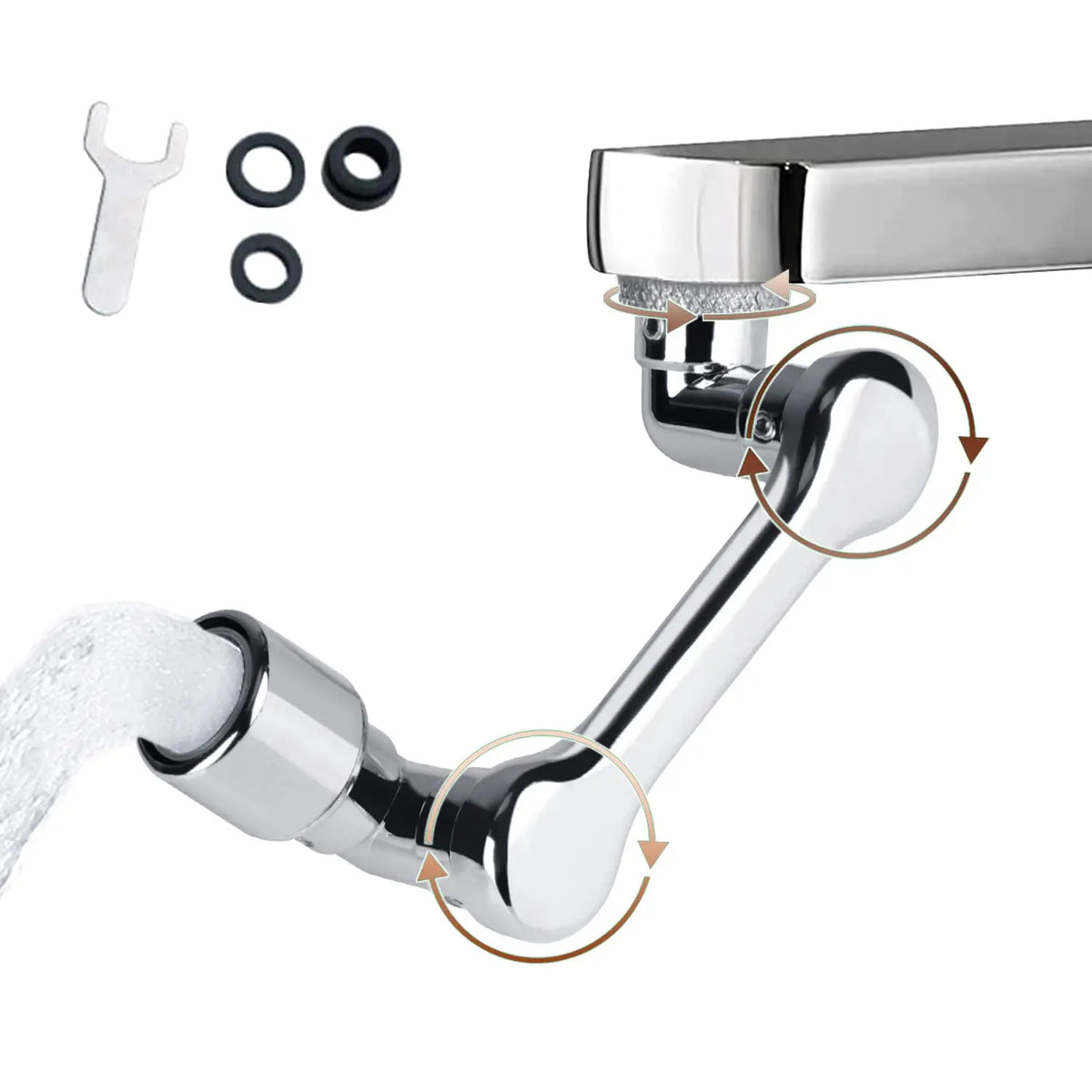 A chrome faucet extender and sprayer assembly with various parts shown for installation.