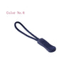 A dark blue plastic zipper pull with a loop for adjustment.