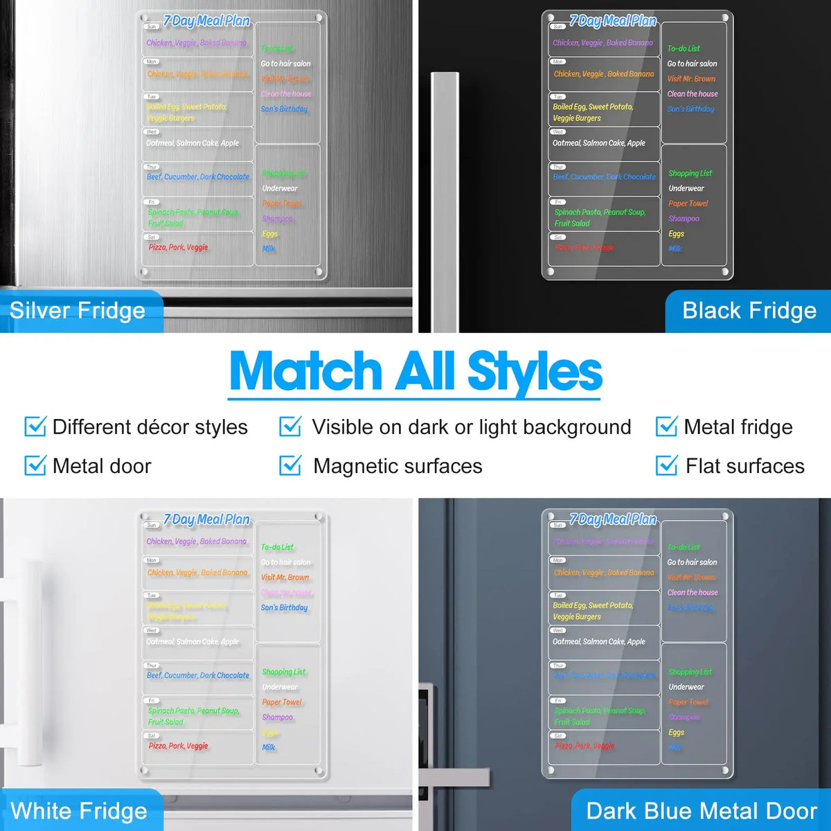 A comparison of silver and black magnetic meal planner boards showing different décor styles and surfaces