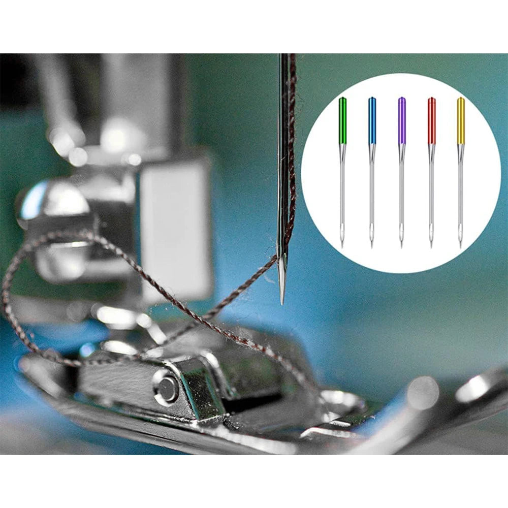 A close-up of three anti-jump sewing machine needles in various colors, shown next to a sewing machine tool.