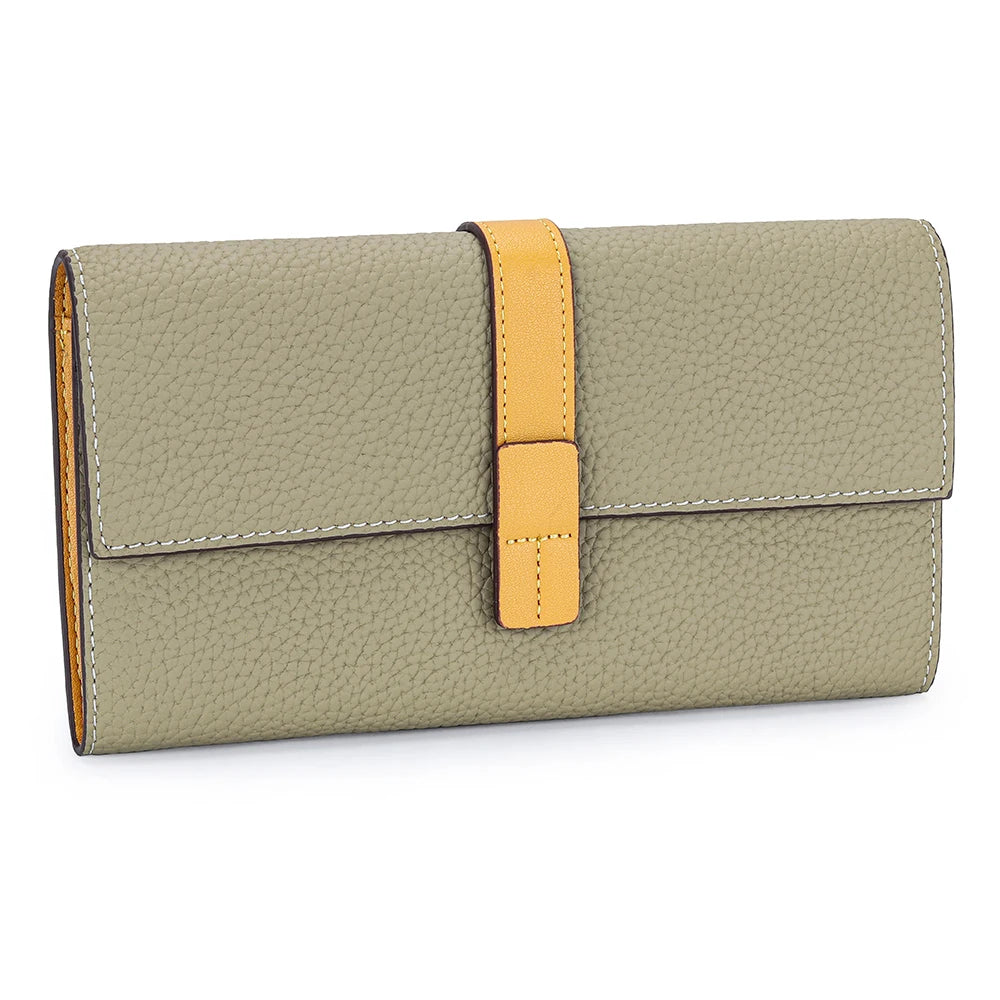 A light olive green women's cowhide leather bifold wallet with a tan strap and card slots.