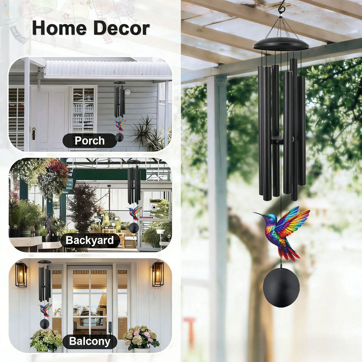 Hand-Painted Hummingbird Metal Wind Chime for Garden & Patio