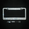 A rectangular crystal rhinestone license plate frame with two screw caps and various mounting hardware components.