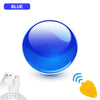 A bright blue LED flying spinner toy with a boomerang action feature is shown next to its charging cable.