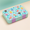 A light blue portable kids lunch box featuring colorful mermaid and princess illustrations.
