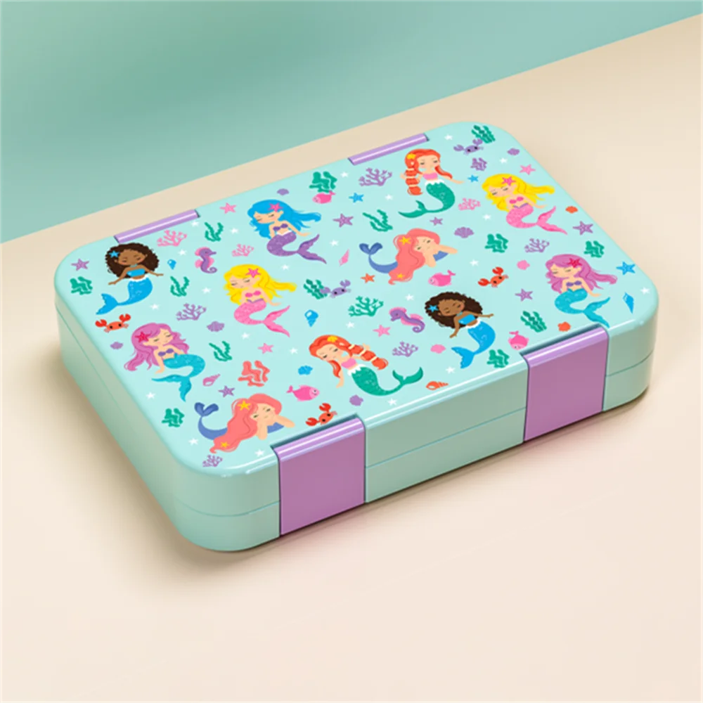 A light blue portable kids lunch box featuring colorful mermaid and princess illustrations.