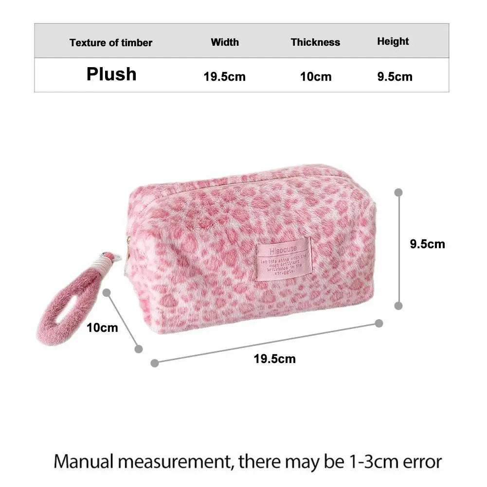 Leopard Print Plush Makeup Bag with Carry Handle