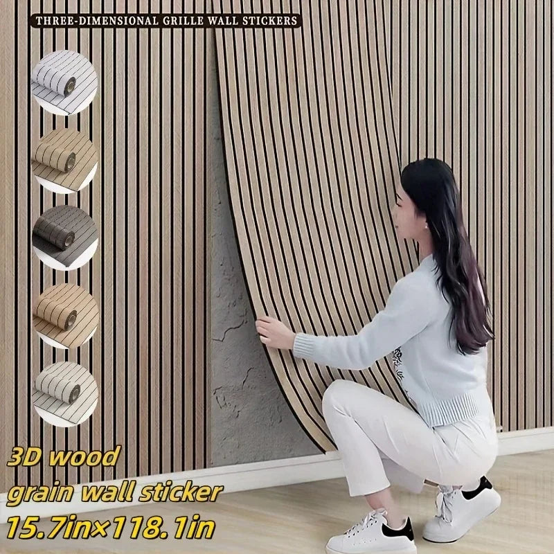 A woman is applying 3D wood grain wall stickers onto a vertical panel, demonstrating the texture and installation of the peel