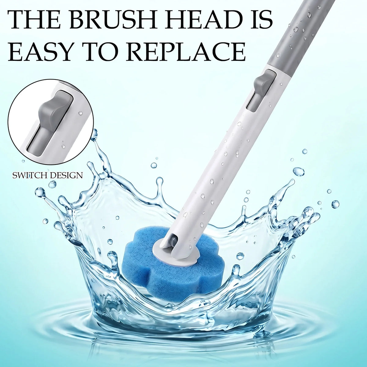 A close-up view of a white brush head being replaced on a toilet brush, demonstrating an easy switch design.