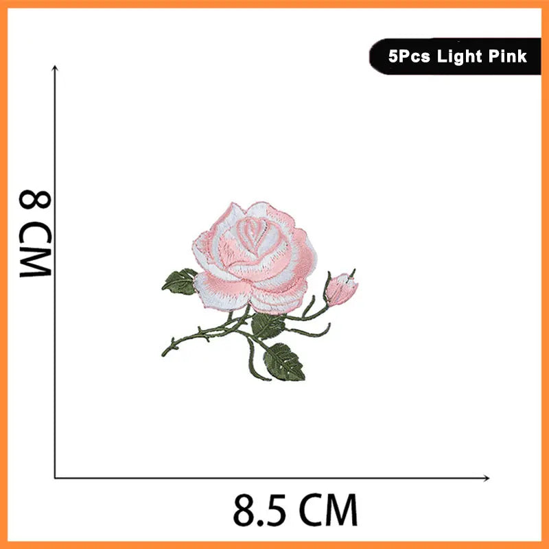 Five pink light embroidered rose patches shown against a measurement scale.