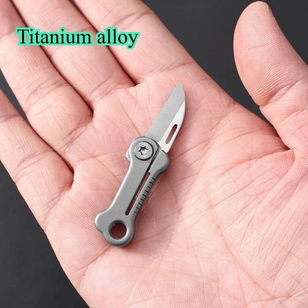 Eine Hand hält ein kompaktes Titan-Taschenmesser mit silberner Klinge und Griff.