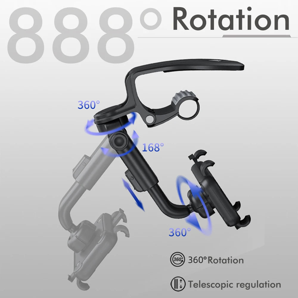 A black phone mount with a rotating mechanism demonstrating 360 degree rotation and telescopic regulation.