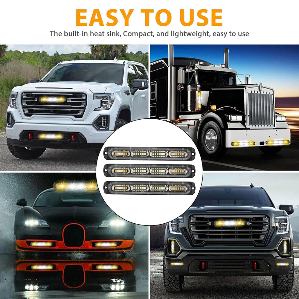 Close-up of a 24 LED amber strobe warning light bar installed on various vehicles.