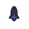 A black silicone teether toy shaped like a remote control with numbered buttons and an OK button.