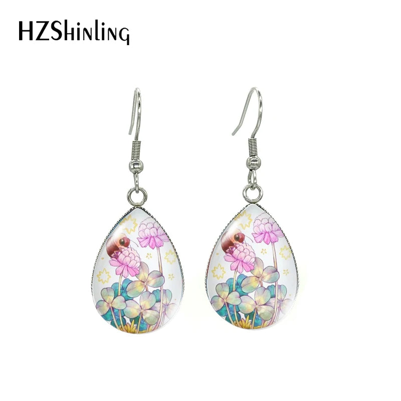 Aretes de Aro en Forma de Lágrima con Arte de Abeja y Flores