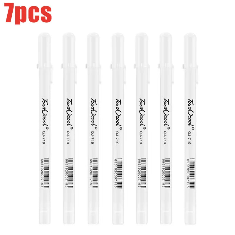 A set of seven white ink gel pens with fine 0.8mm tips for drawing and highlighting.
