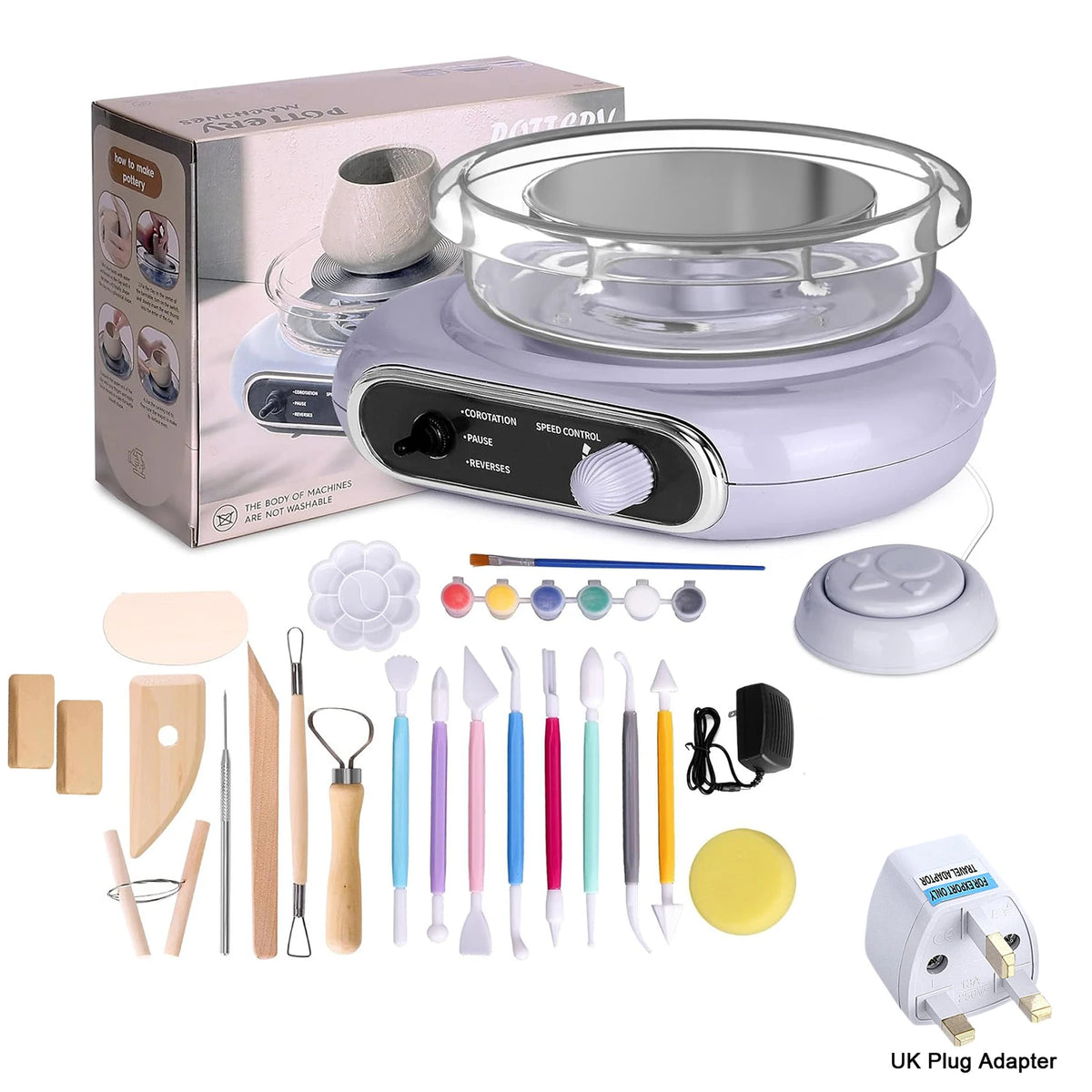 A mini pottery wheel kit for beginners showing the wheel, tools, and a UK plug adapter.