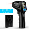 A black digital infrared thermometer is shown next to its box, displaying a temperature reading.