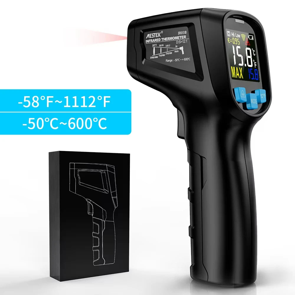 A black digital infrared thermometer is shown next to its box, displaying a temperature reading.