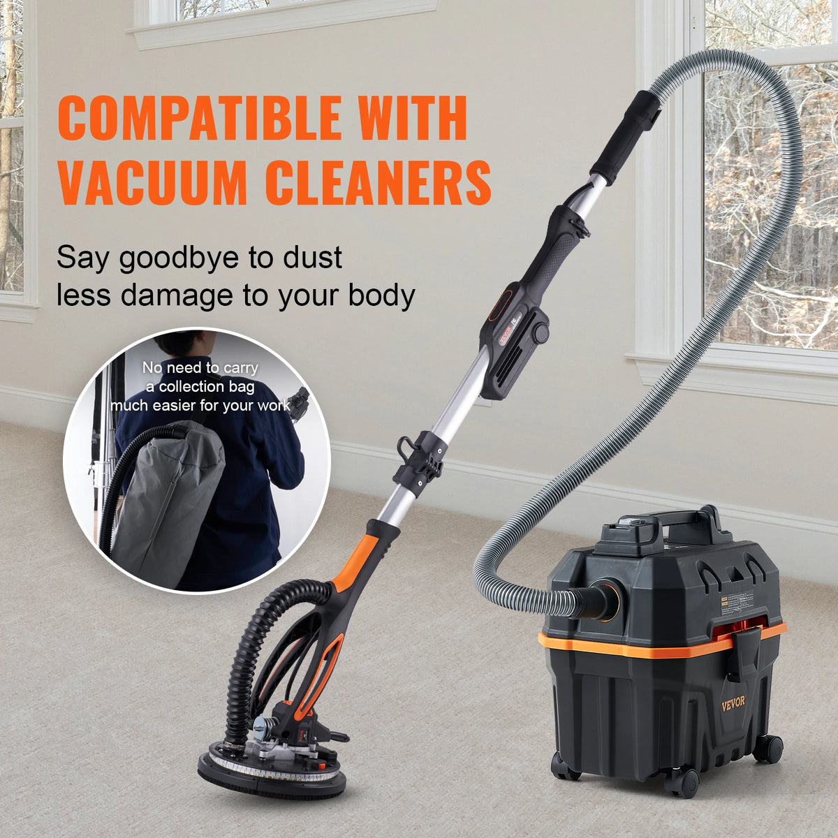 A cordless drywall sander with a hose and dust collection bag is shown next to a vacuum cleaner.