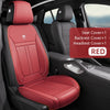 Red seat covers for a car seat, including backrest and headrest protectors.