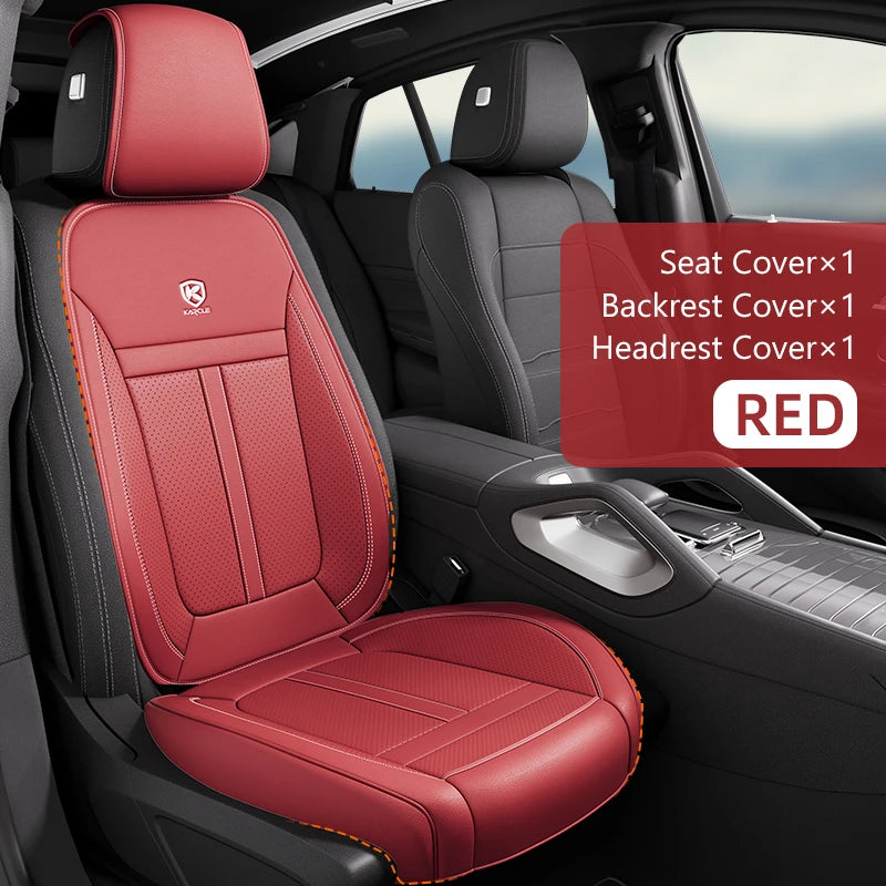 Red seat covers for a car seat, including backrest and headrest protectors.