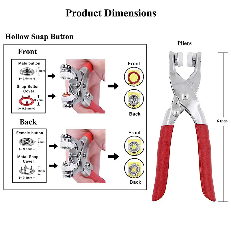A set of metal snap buttons and pliers for DIY sewing projects shown with detailed dimensions.