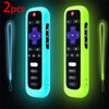 Two glow-in-the-dark silicone TV remote covers in blue and lime green with lanyards.