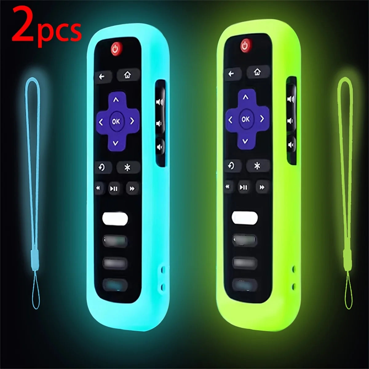 Two glow-in-the-dark silicone TV remote covers in blue and lime green with lanyards.
