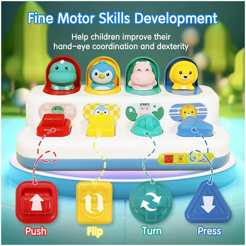 A white sensory toy featuring various animal figures that can be pushed, flipped, turned, or pressed.