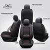 Black universal waterproof leather car seat covers shown with various coverage options like full back, headrest, and side wra