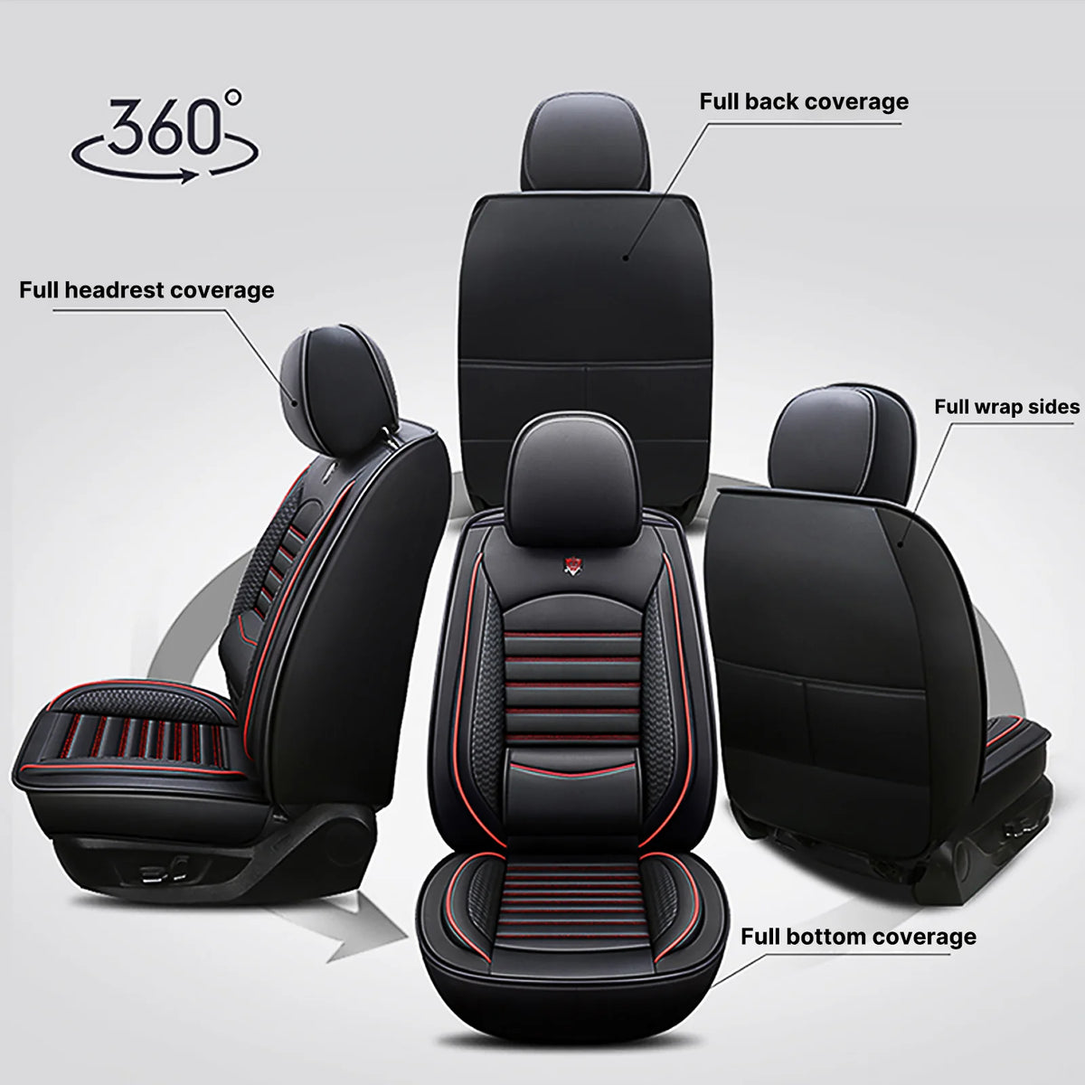 Black universal waterproof leather car seat covers shown with various coverage options like full back, headrest, and side wra