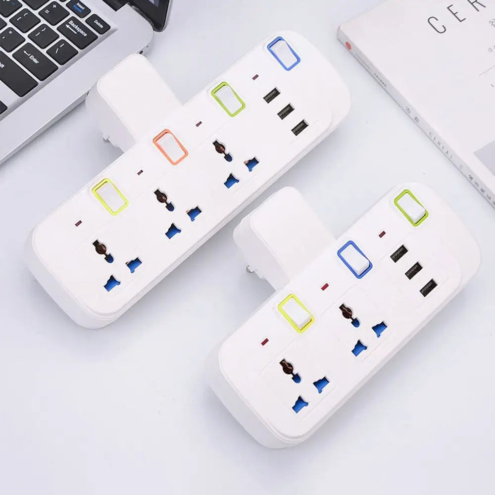 White smart USB power strip with surge protection featuring multiple colored ports and a black keyboard nearby.