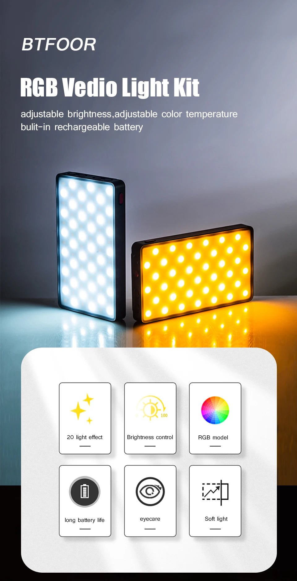 An RGB Vedio Light Kit shows a vertical panel and a horizontal light panel with control buttons.