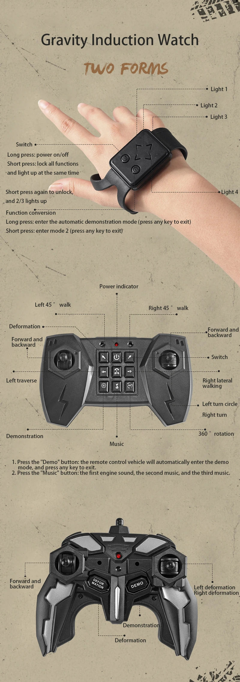 Diagrams showing two forms of a Gravity Induction Watch and an RC Stunt Car remote control vehicle.