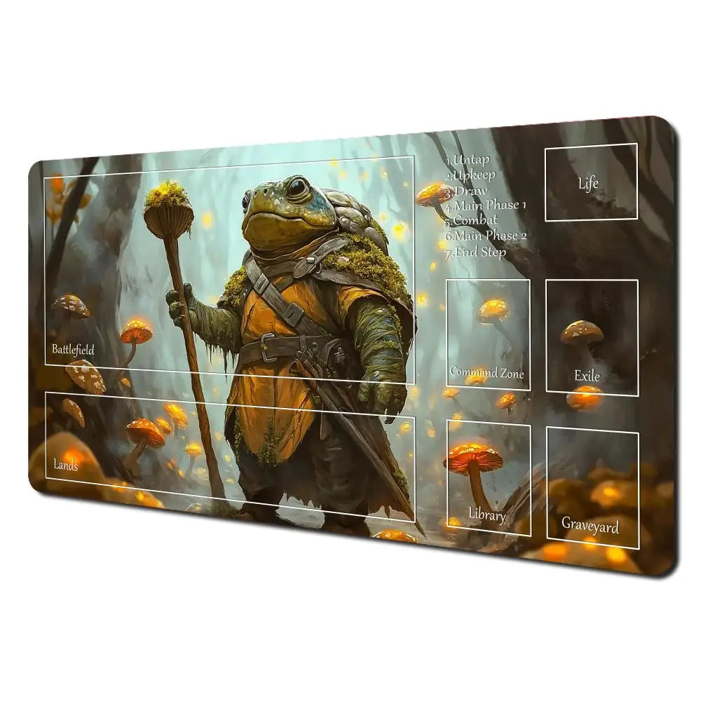 Fantasy card playmat featuring an illustration of a rabbit archer and raccoon design with various themed panels.