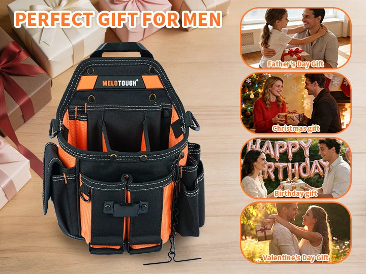 Black and orange heavy-duty tool pouch with quick-release belt clip shown next to various gift ideas.