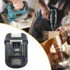 A black battery adapter for Makita 18V tools is shown next to a power tool and a drill bit being used on wood.