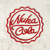 Red neon sign design of Nuka Cola with a bottle cap outline on a clear background.