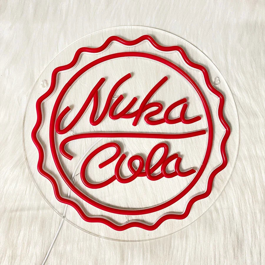 Red neon sign design of Nuka Cola with a bottle cap outline on a clear background.