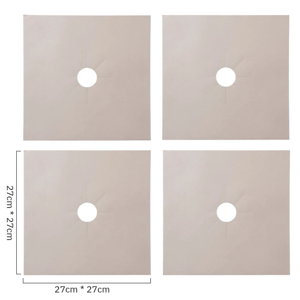Square beige reusable non-stick gas stove protector mat with a central hole.