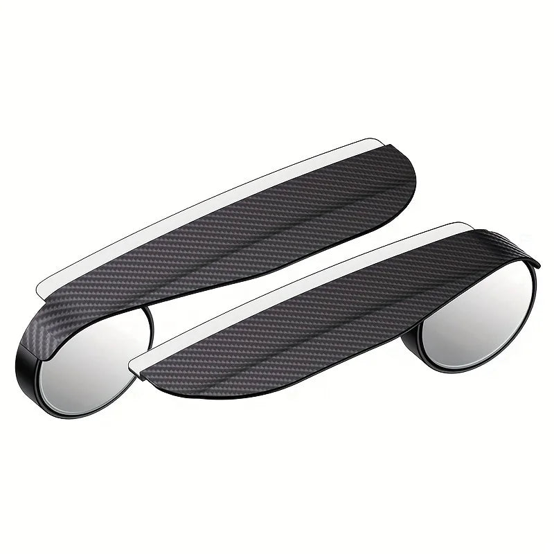 A pair of black carbon fiber car blind spot mirrors with clear rain shields.