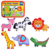 A set of wooden animal and vehicle puzzles featuring various animals like a giraffe, zebra, lion, elephant, and dinosaur.