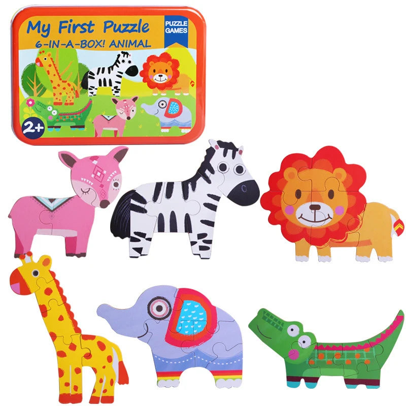 A set of wooden animal and vehicle puzzles featuring various animals like a giraffe, zebra, lion, elephant, and dinosaur.